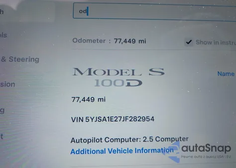 2018 Tesla Model S 100D/75D/P100D z USA, uszkodzony, nr VIN 5YJSA1E27JF282954